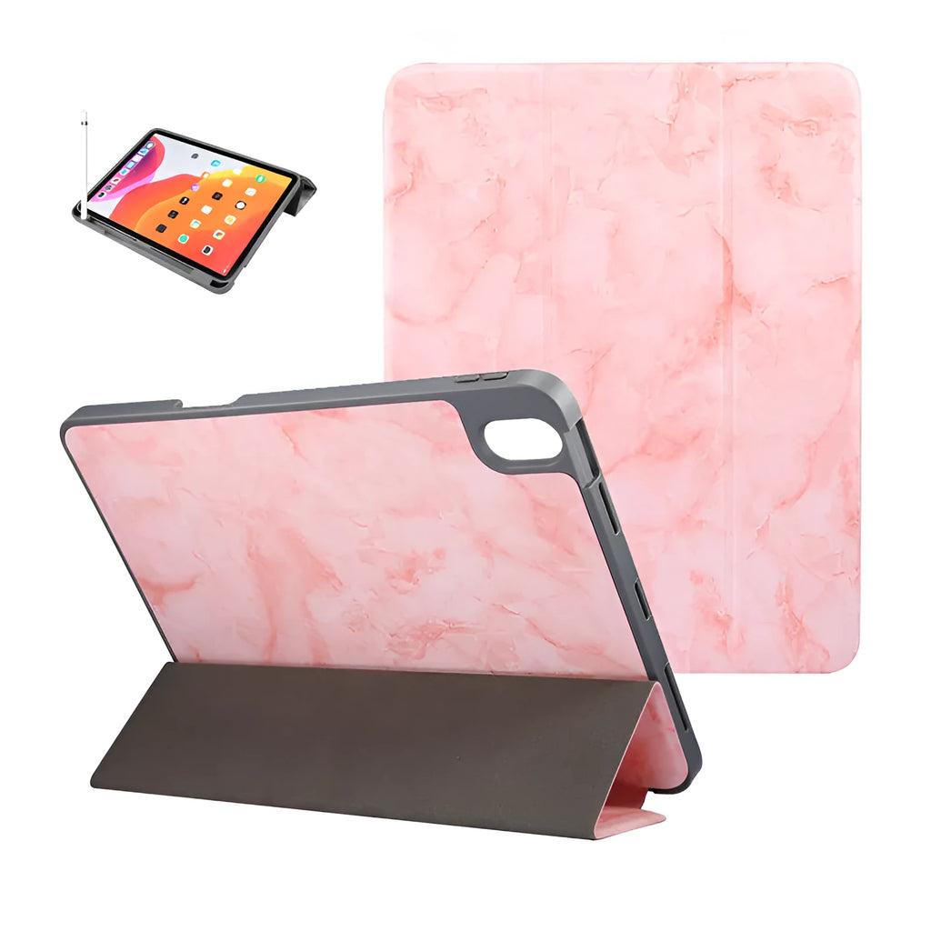 Dark gray tri-fold leather iPad case with magnetic closure and Apple Pencil slot, shown in stand mode.