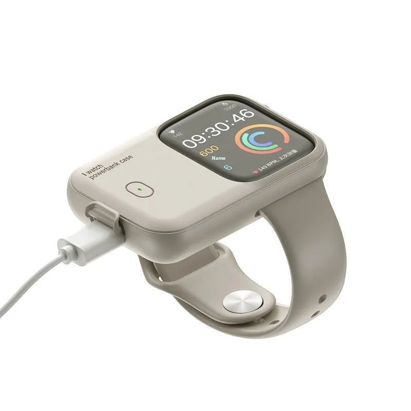 Apple Watch portable wireless charging power bank with silicone case in brown, midnight blue, or starlight colours
