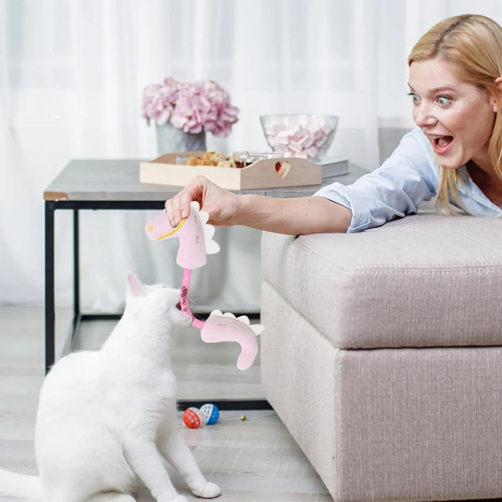 Four-piece cat toy bundle showing plush mouse, fish, bunny, rope toys, springs and kicker toys in assorted colours