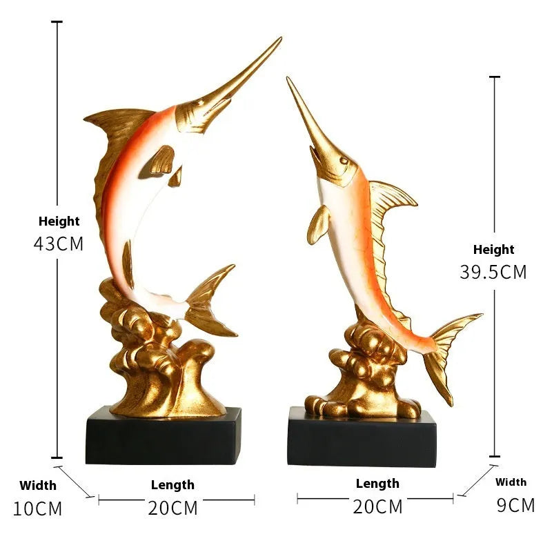 A European-style swordfish sculpture decoration in resin, shown in one of four colour options.