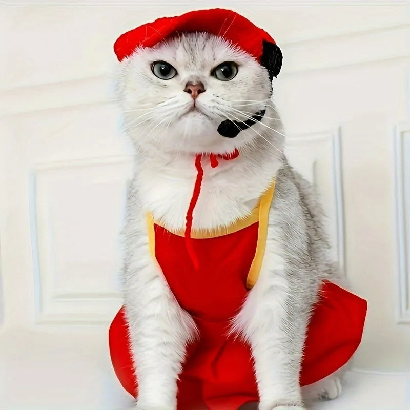 Handmade cotton knitted cat chef hat and matching sweater pet costume set