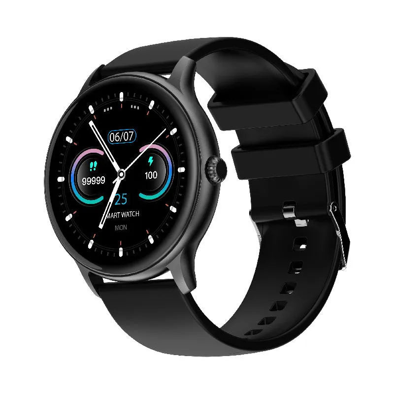Smart sports watch with circular touchscreen display on a silicone wristband