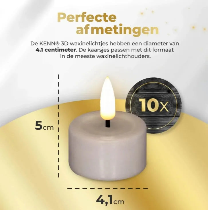 Taupe LED tealight candle with 3D flame effect showing 4.1cm diameter measurement