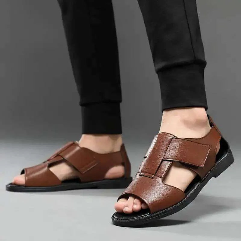 Men's black and brown leather casual sandals with open toe design and rubber soles