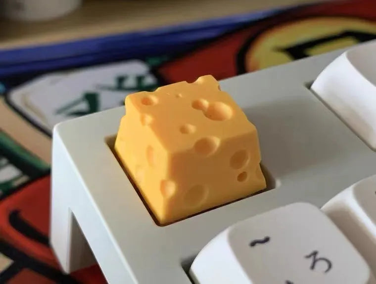 Yellow resin cheese decorative key cap with detailed 3D sculpted design for mechanical keyboards