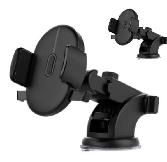 Yellow and black car phone holder with telescopic arm and suction cup mount on dashboard