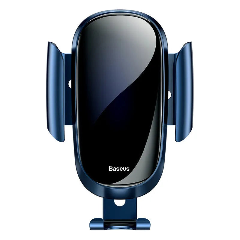 Universal smart car bracket in black mounted on a car dashboard holding a smartphone