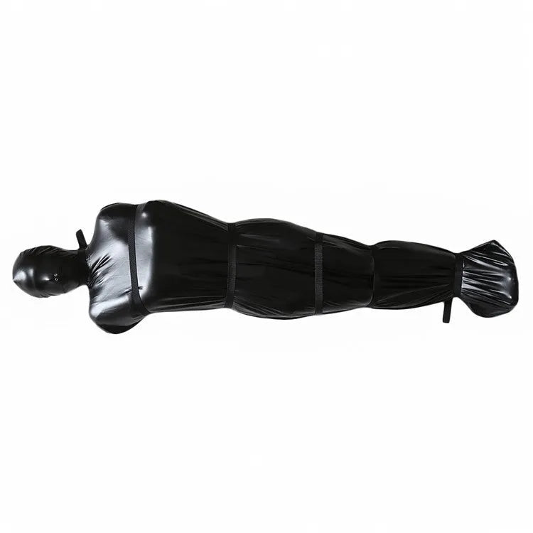 Black patent leather bondage set showing nostril clothing piece and six ratchet tie down straps