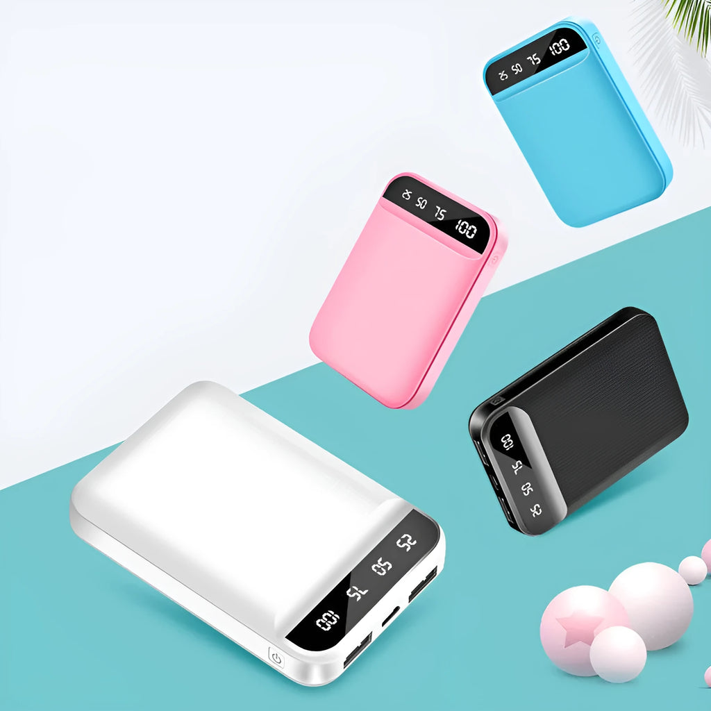Mini power bank portable charger showing multi-U port output and compact plastic case design
