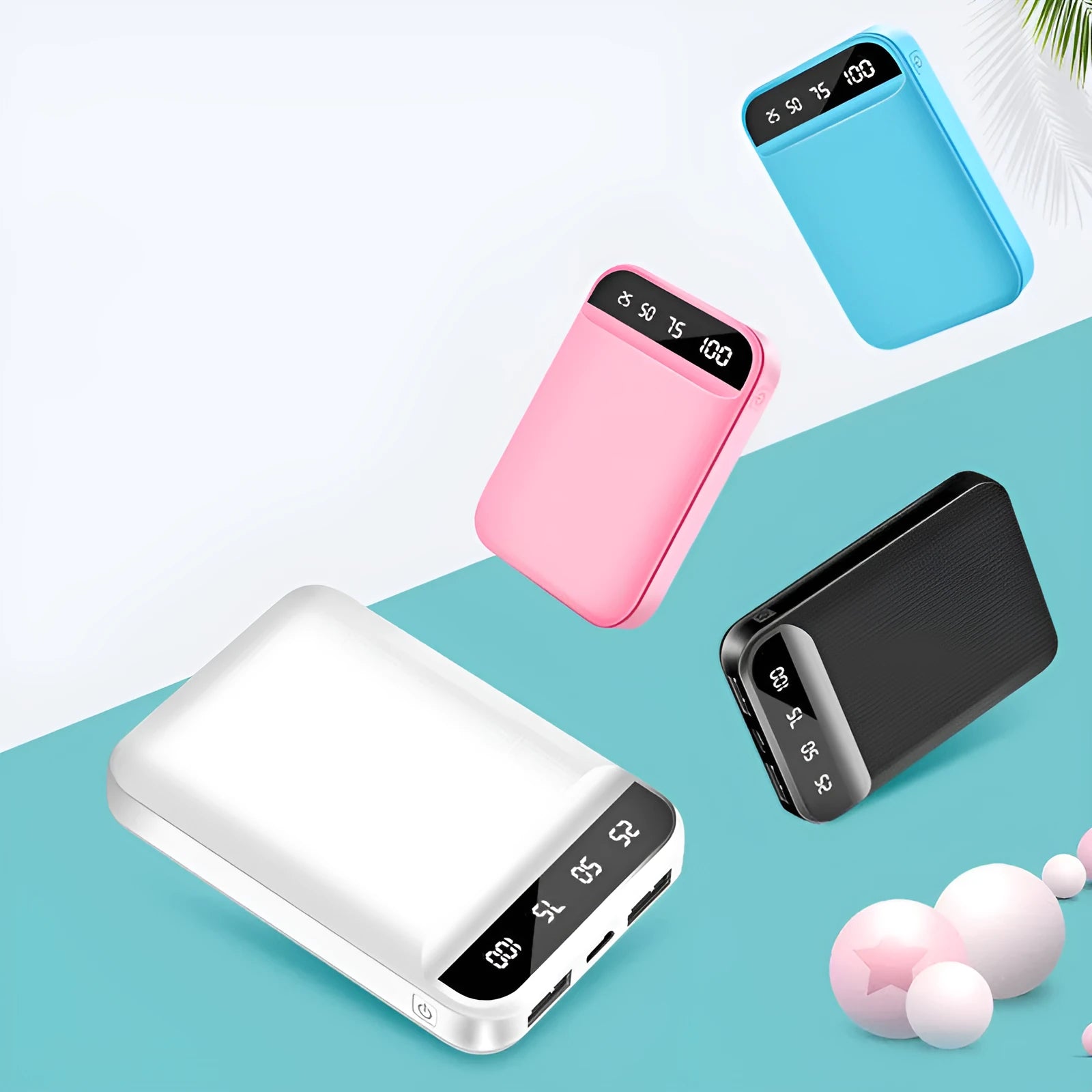 Mini power bank portable charger showing multi-U port output and compact plastic case design