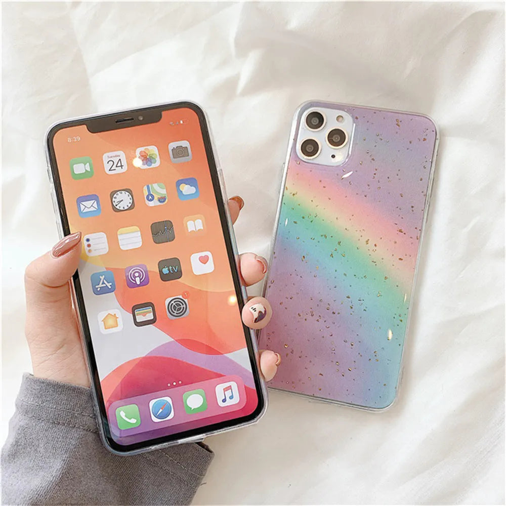 Rainbow gradient TPU iPhone case with colourful stripes on back, showing Japanese and Korean style design
