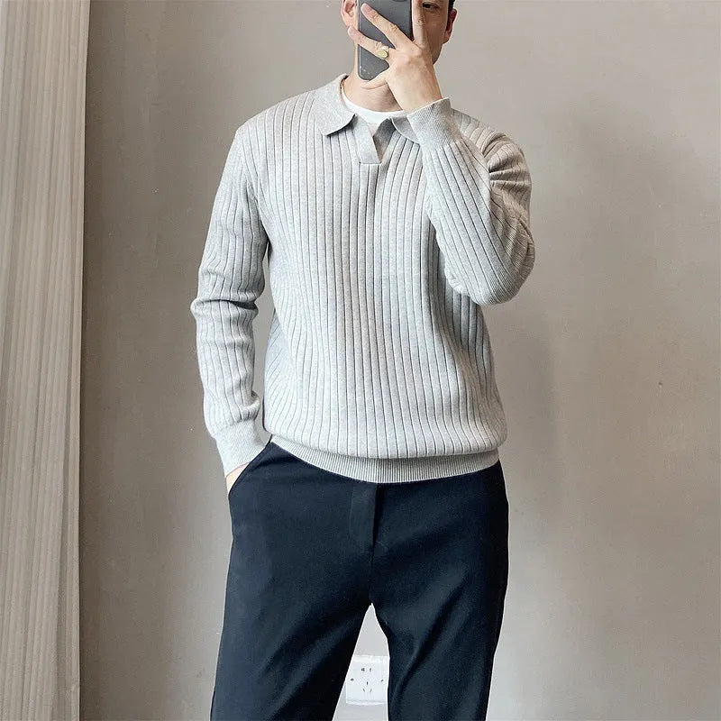 Modal rabbit fur knitted sweater with striped lapel collar in loose elastic fit