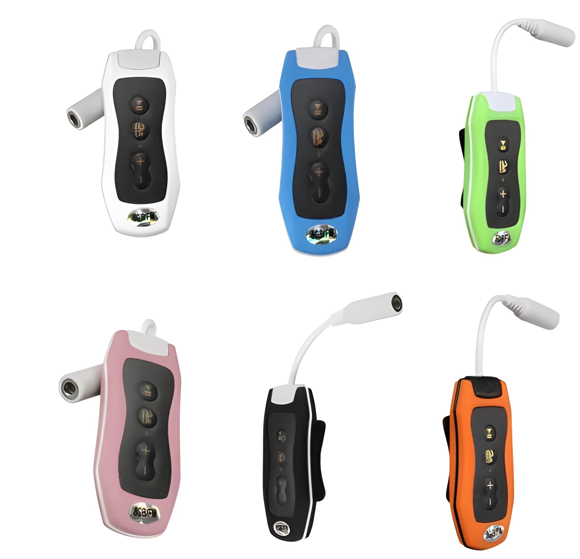 IPX68 waterproof Bluetooth mini headset MP3 player in multiple colours on a white background.