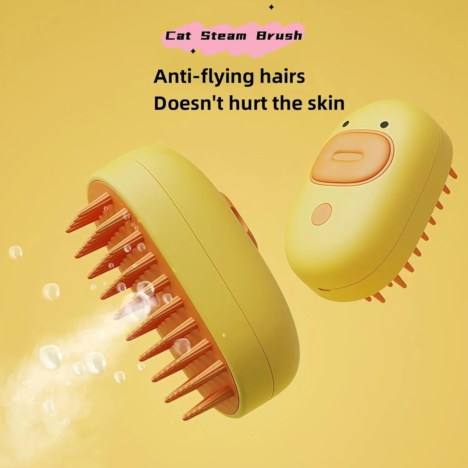 White rechargeable pet steam brush with water tank for grooming dogs and cats.