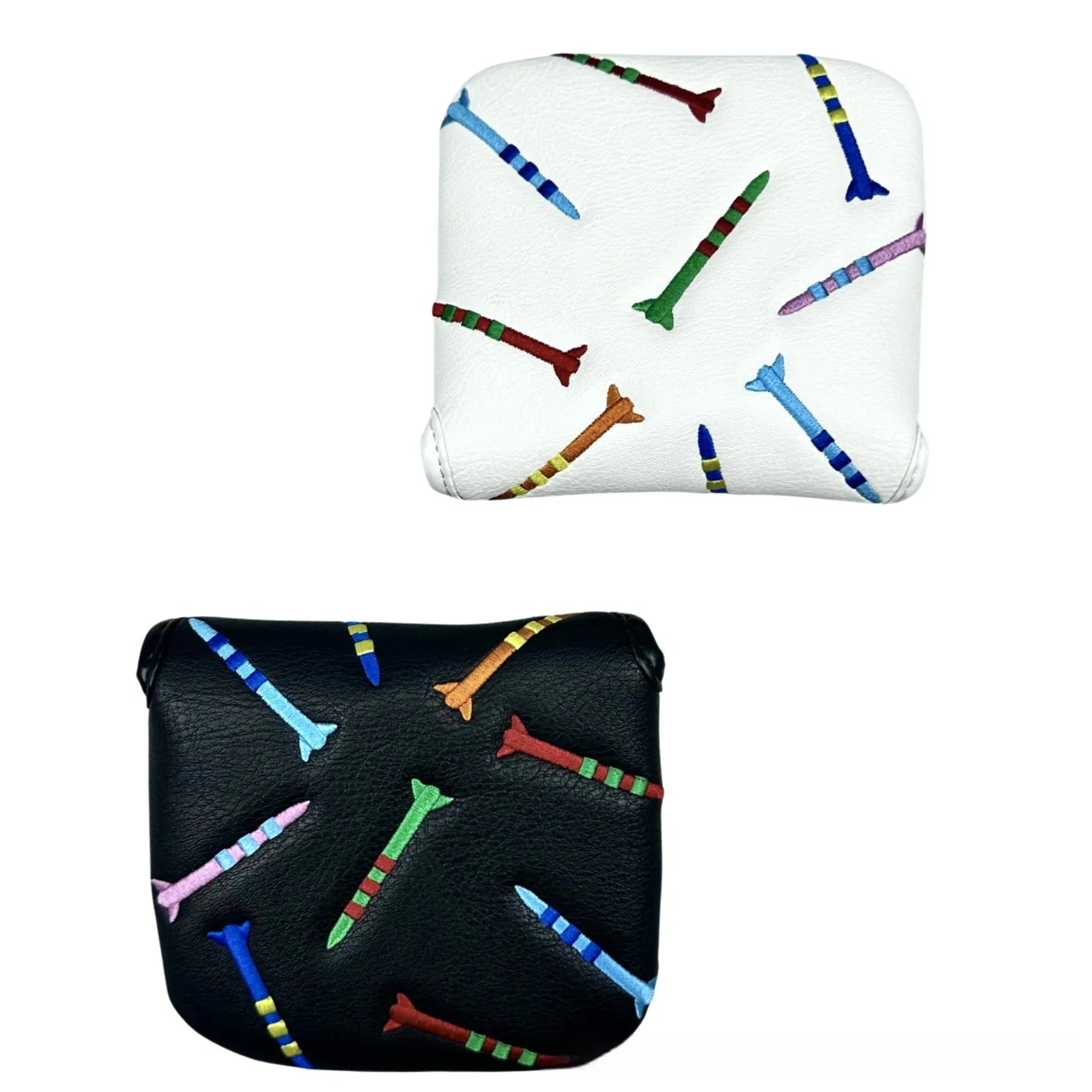 Black and white golf putter protective sleeve with rocket pattern square design