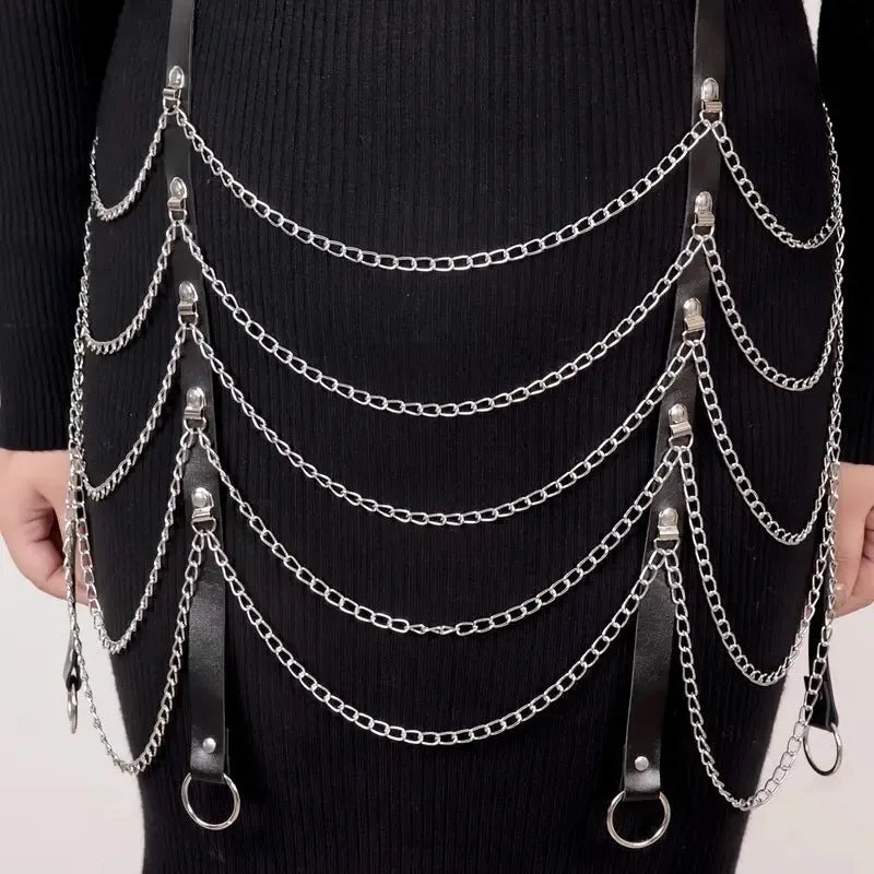 Black PU leather waist chain with bandage binding design and metallic ornament detail