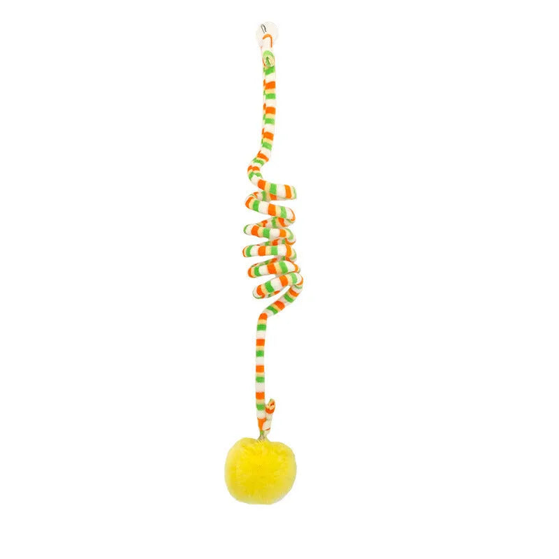 Hanging cat toy with inflatable ball on spring stick and suction cup base for kittens