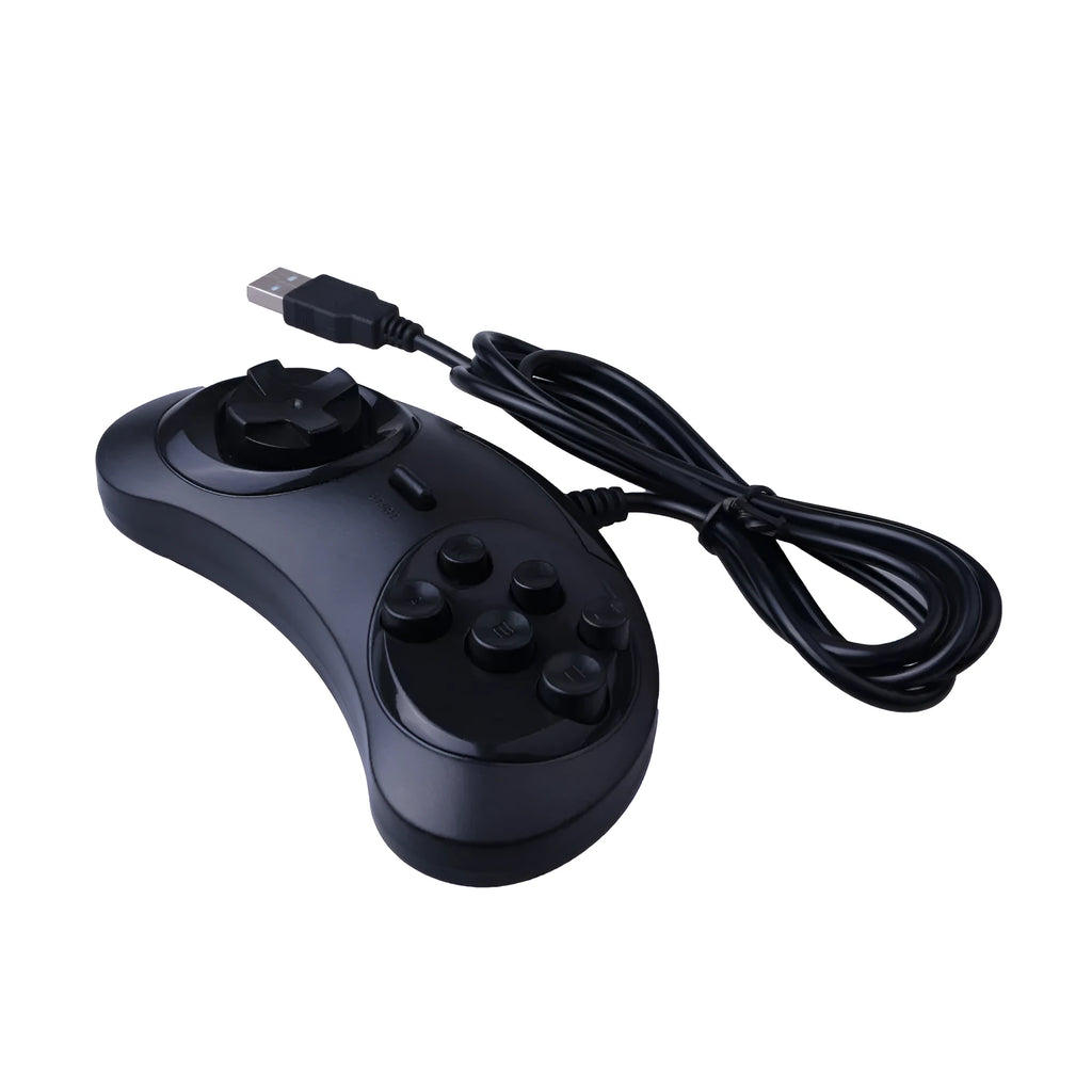 Black Sega USB PC gaming controller with 1.8 metre cable showing dimensions and custom logo option