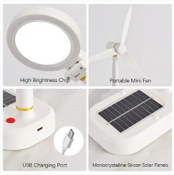 Ivory white solar-powered desk fan and LED study lamp with USB charging port.