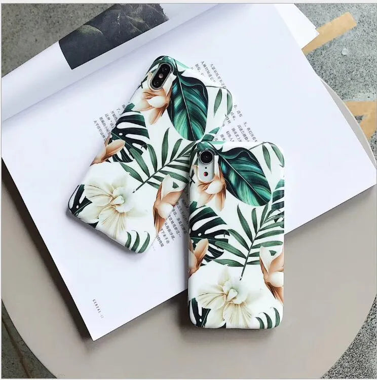 Soft TPU phone case with detailed banana leaf and floral art design for iPhone, shown in flower leaves colour.