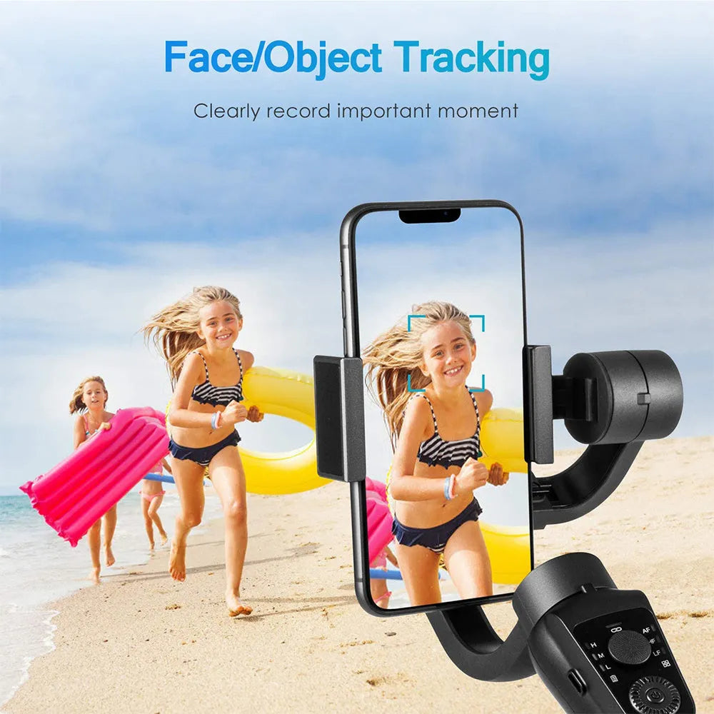 Black three-axis handheld gimbal stabilizer for mobile phones showing PTZ mechanism and handle