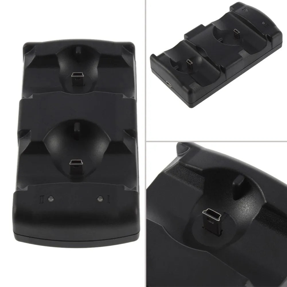 Black PS3 dual controller charging dock with USB cable for simultaneous wireless charging