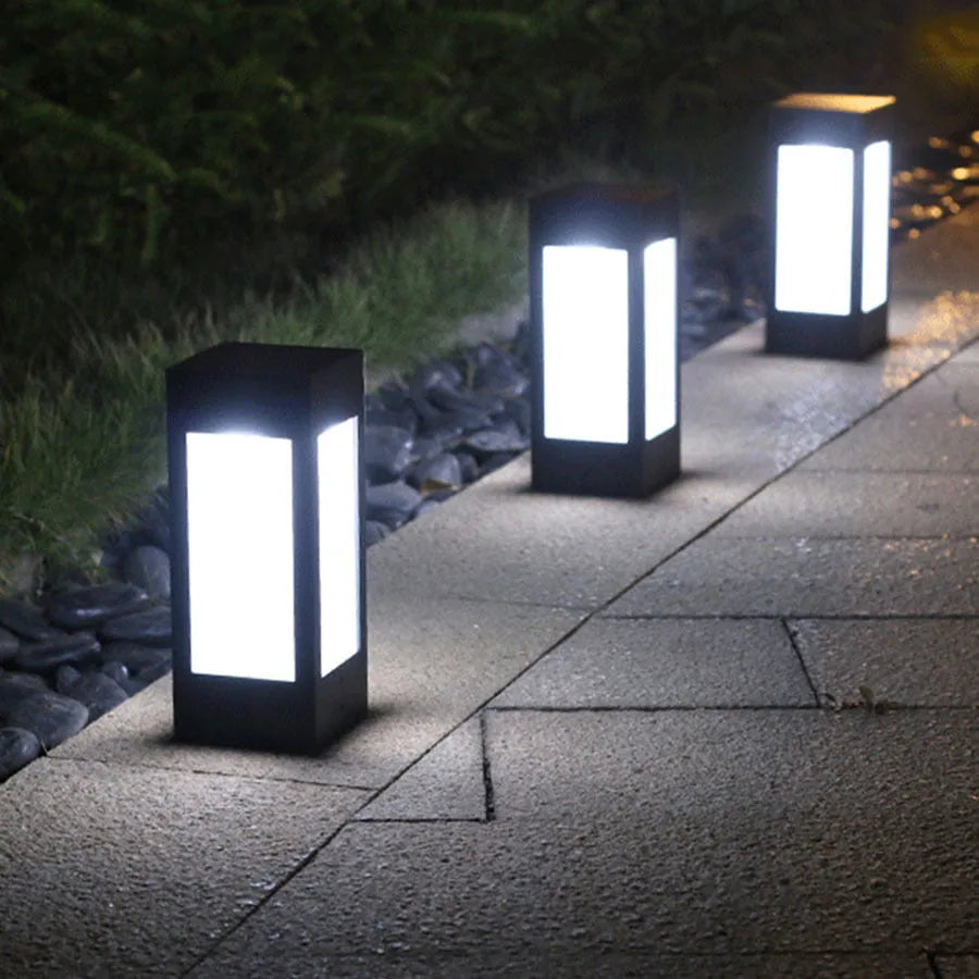 Solar garden lights with LED illumination for outdoor landscape and courtyard areas