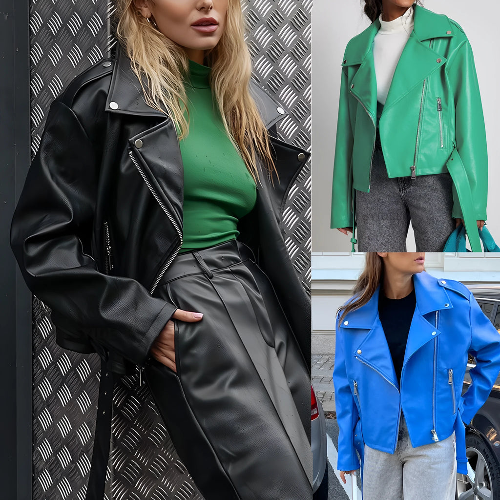 Punk style short belt lapel jacket with leather locomotive detailing in polyester fibre