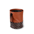 Leather retractable car interior trash can shown in folded and open states with carry handle.