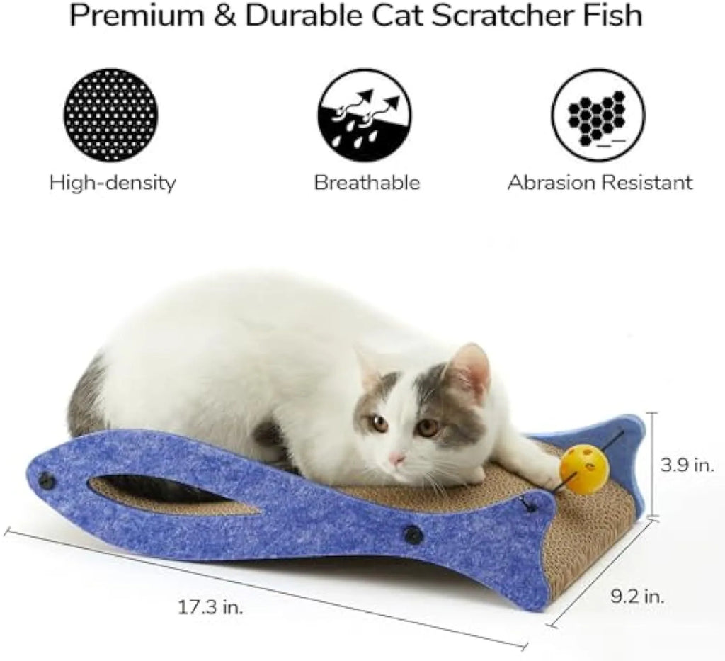 Blue fish-shaped cardboard cat scratcher pad with bell ball toys for indoor furniture protection