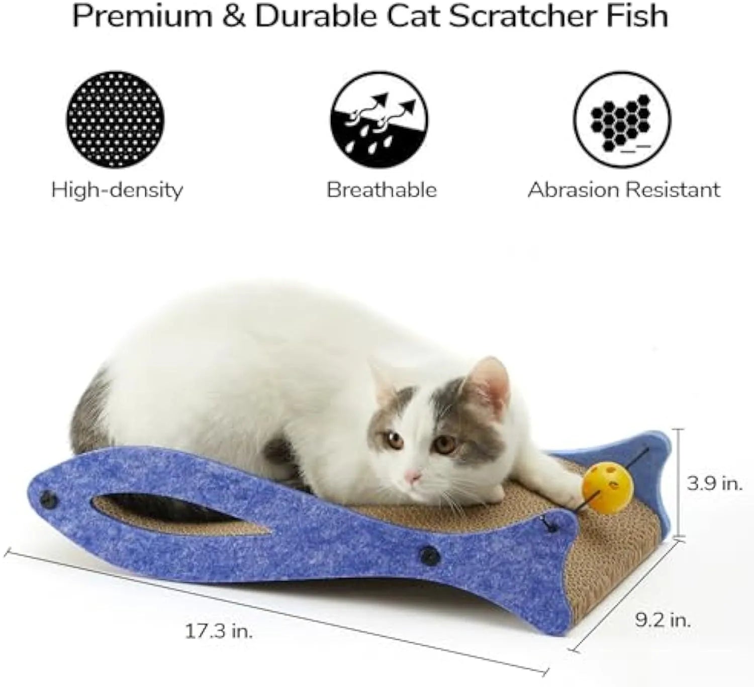 Blue fish-shaped cardboard cat scratcher pad with bell ball toys for indoor furniture protection