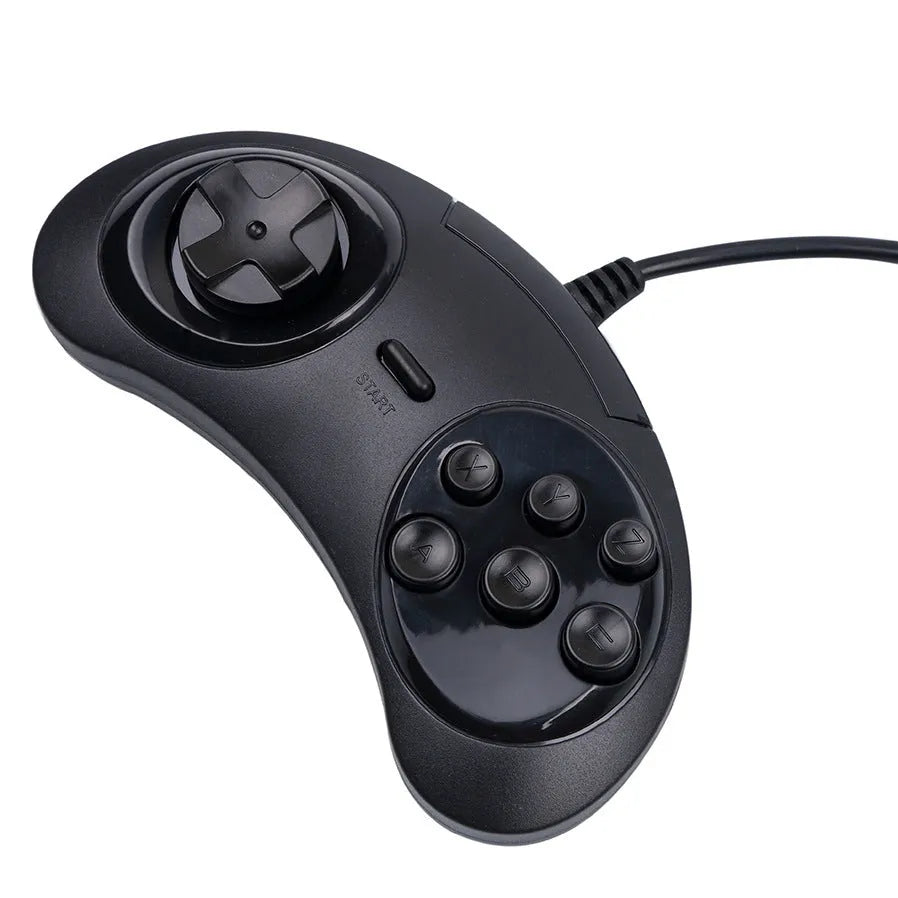 Black Sega USB PC gaming controller with 1.8 metre cable showing dimensions and custom logo option