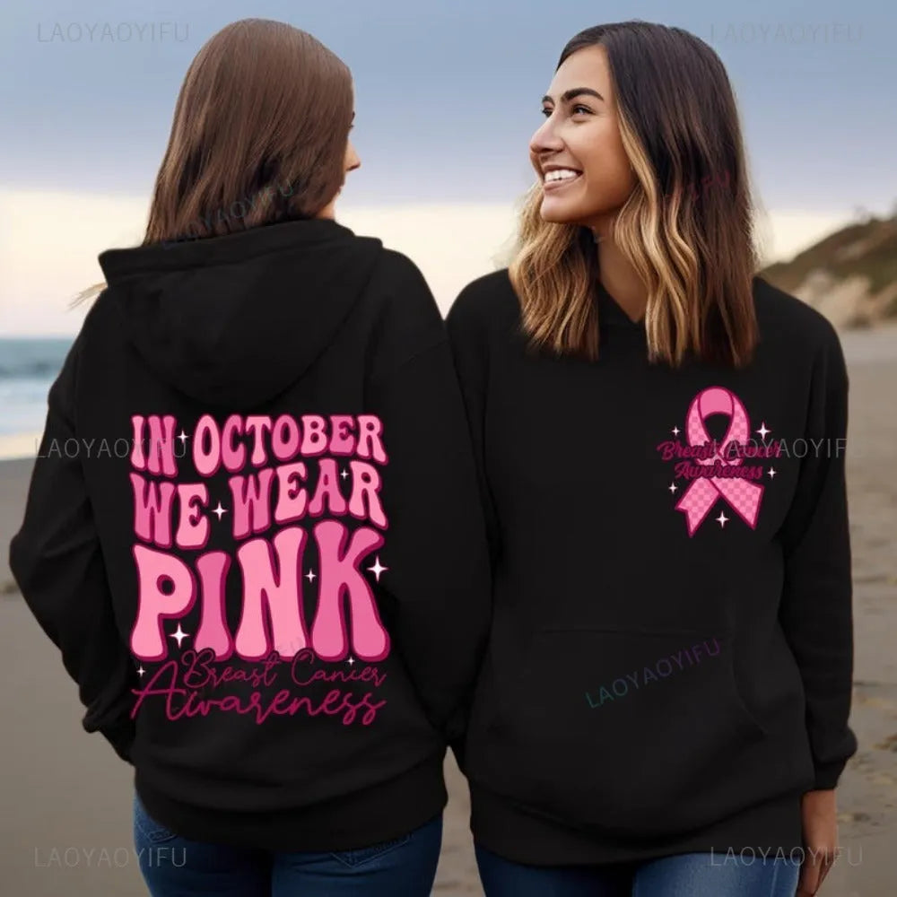Pink Breast Cancer Awareness pullover hoodie with art retro design and side seam pocket.
