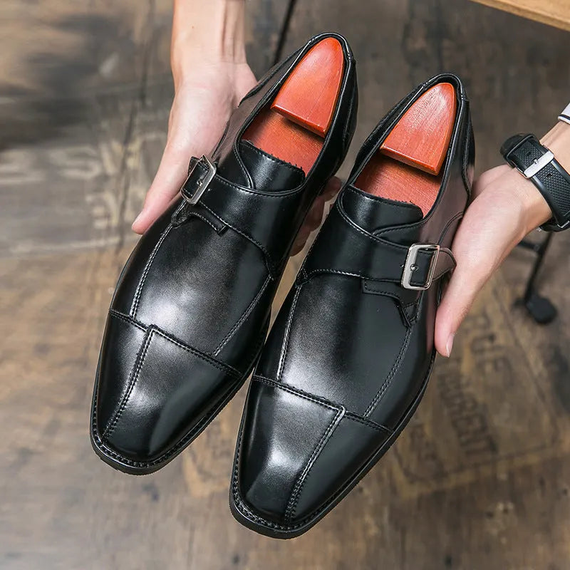 Men's brown blue retro buckle casual leather shoes with tall crown height.