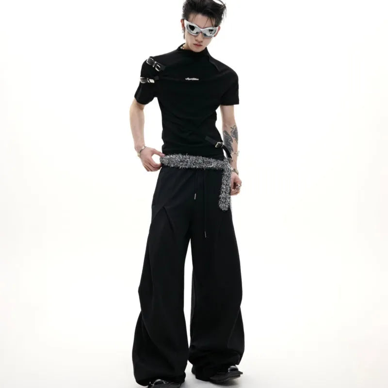Men's slim fit cotton short sleeve T-shirt with stand-up collar and metal belt detail in black and white colour options