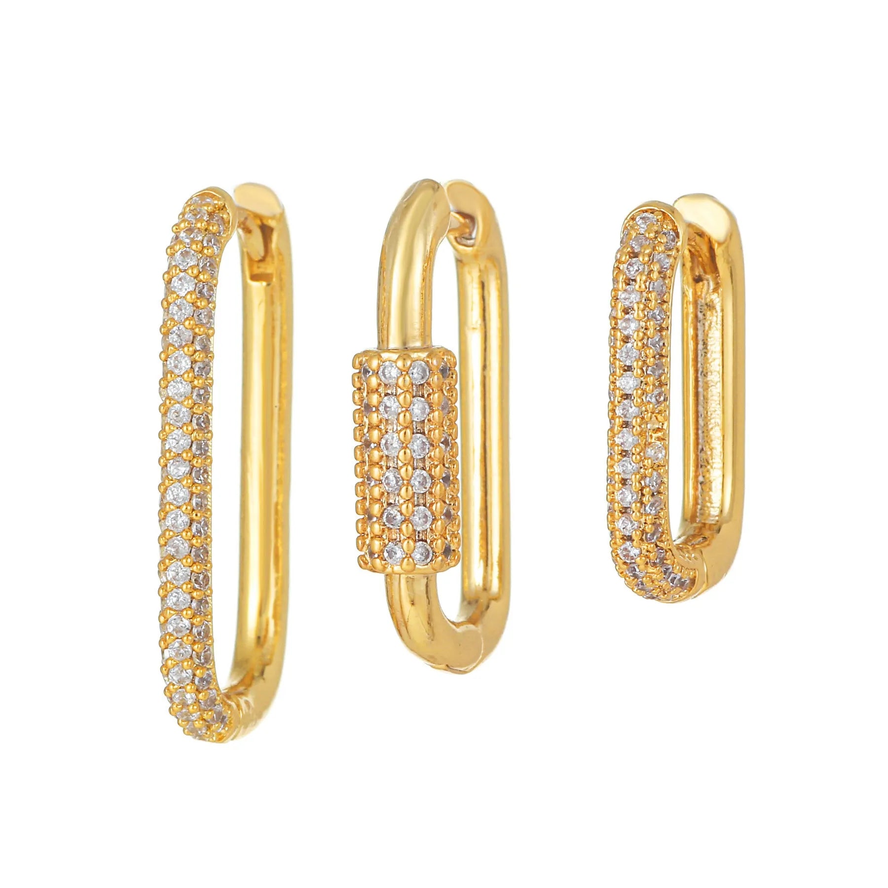 Geometric ear clips set with micro inlaid zircon detailing on copper, showing ellipse and quadrilateral shapes in gold and white finishes