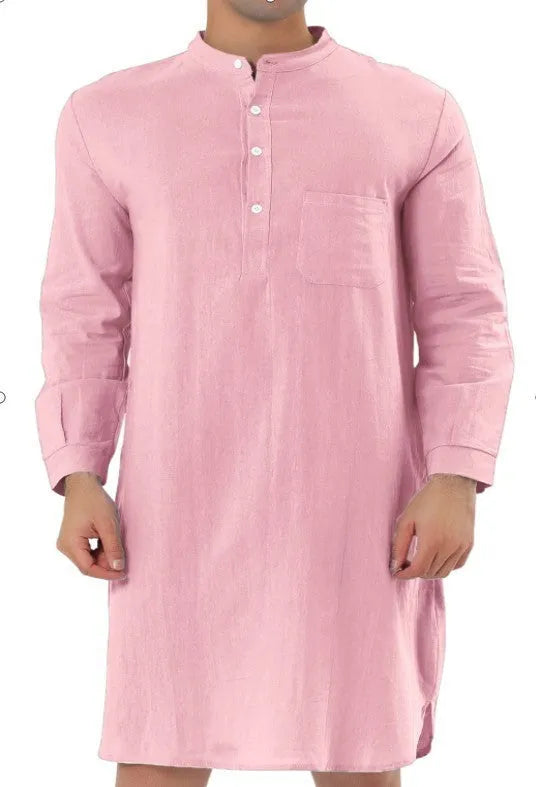 Men's cotton shirt robe in various colours shown with shirt-style front