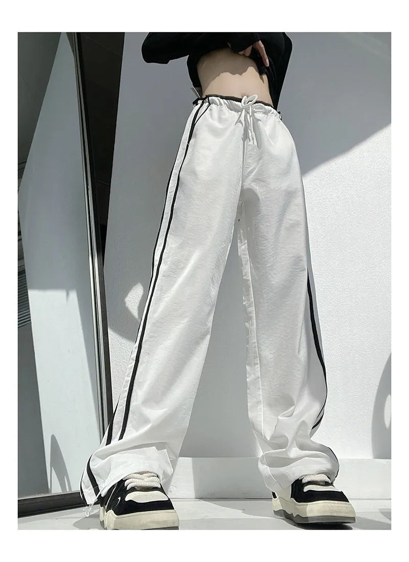Ribbon parallel bars contrast colour loose straight slim draping trousers in thin fabric