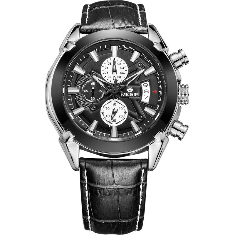 Men's multifunctional quartz chronograph watch showing three subdials and luminous hands on a brown and white dial