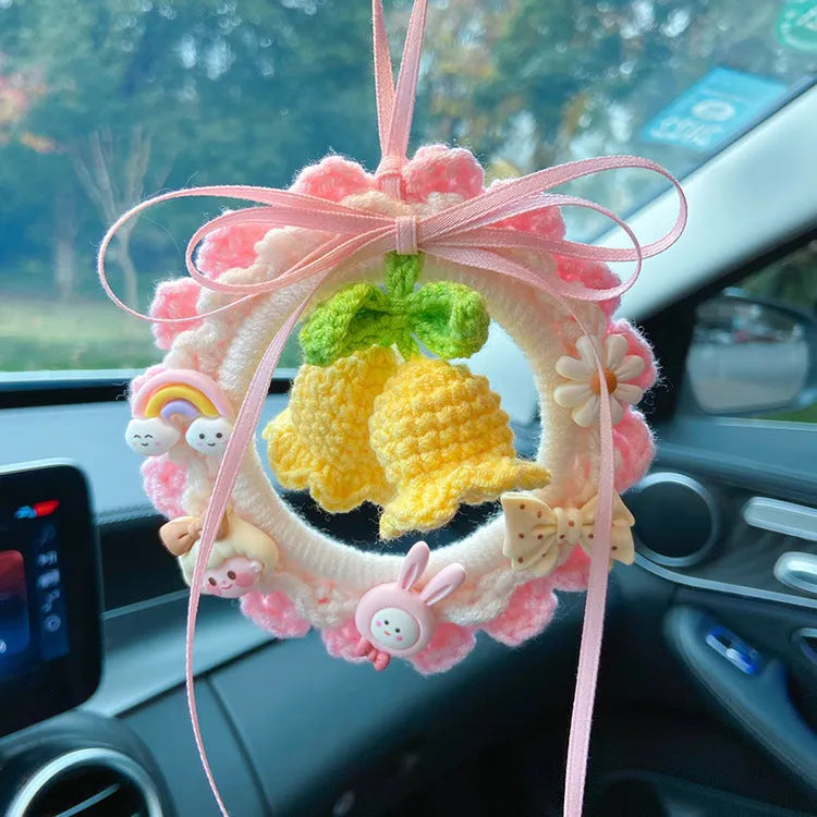 Hand-woven wool bell orchid car pendant in green, pink, purple and yellow colour options