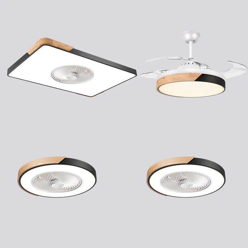 Nordic ceiling fan and light combination fixture with solid wood base in rectangular, round, or square options