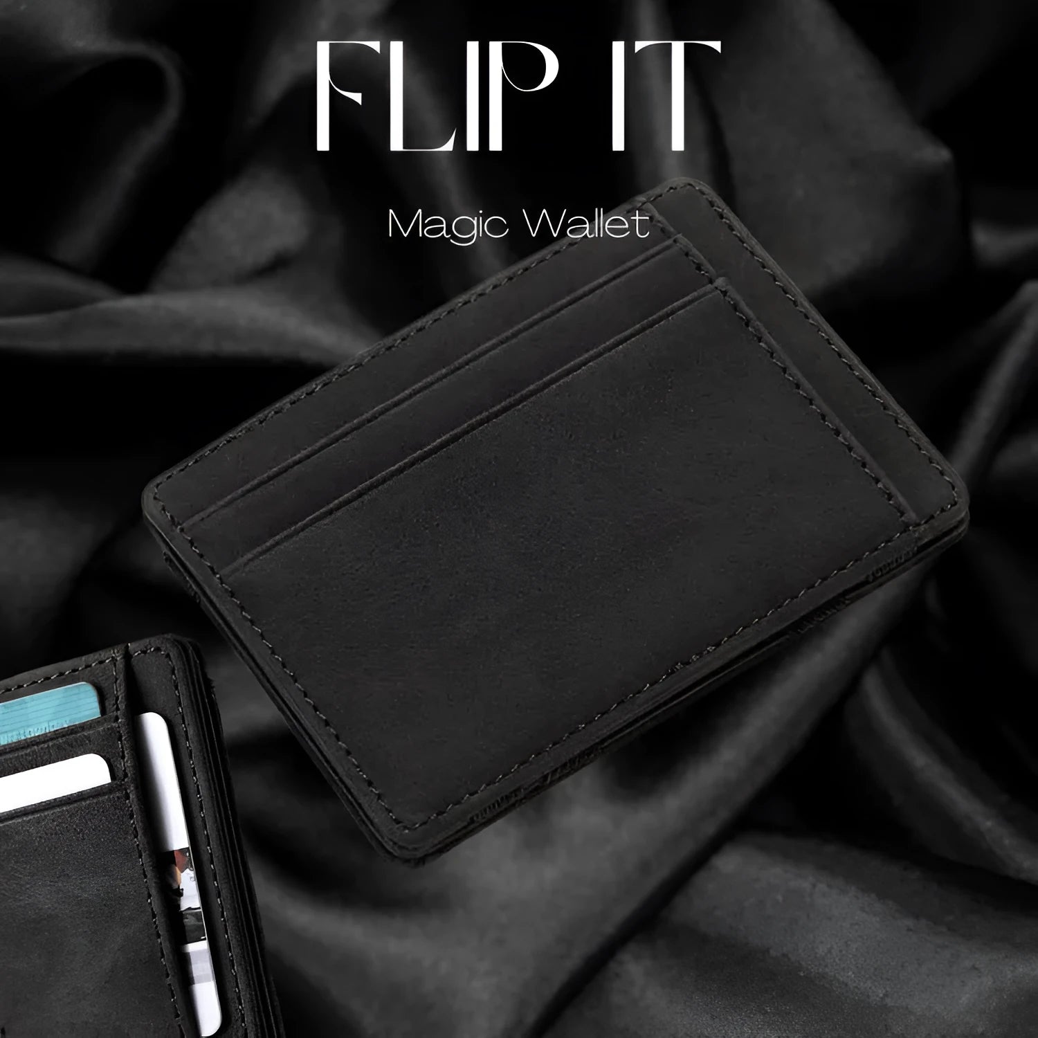 PU leather RFID blocking magic wallet in a solid colour, shown open to reveal card slots and a zippered coin pouch.
