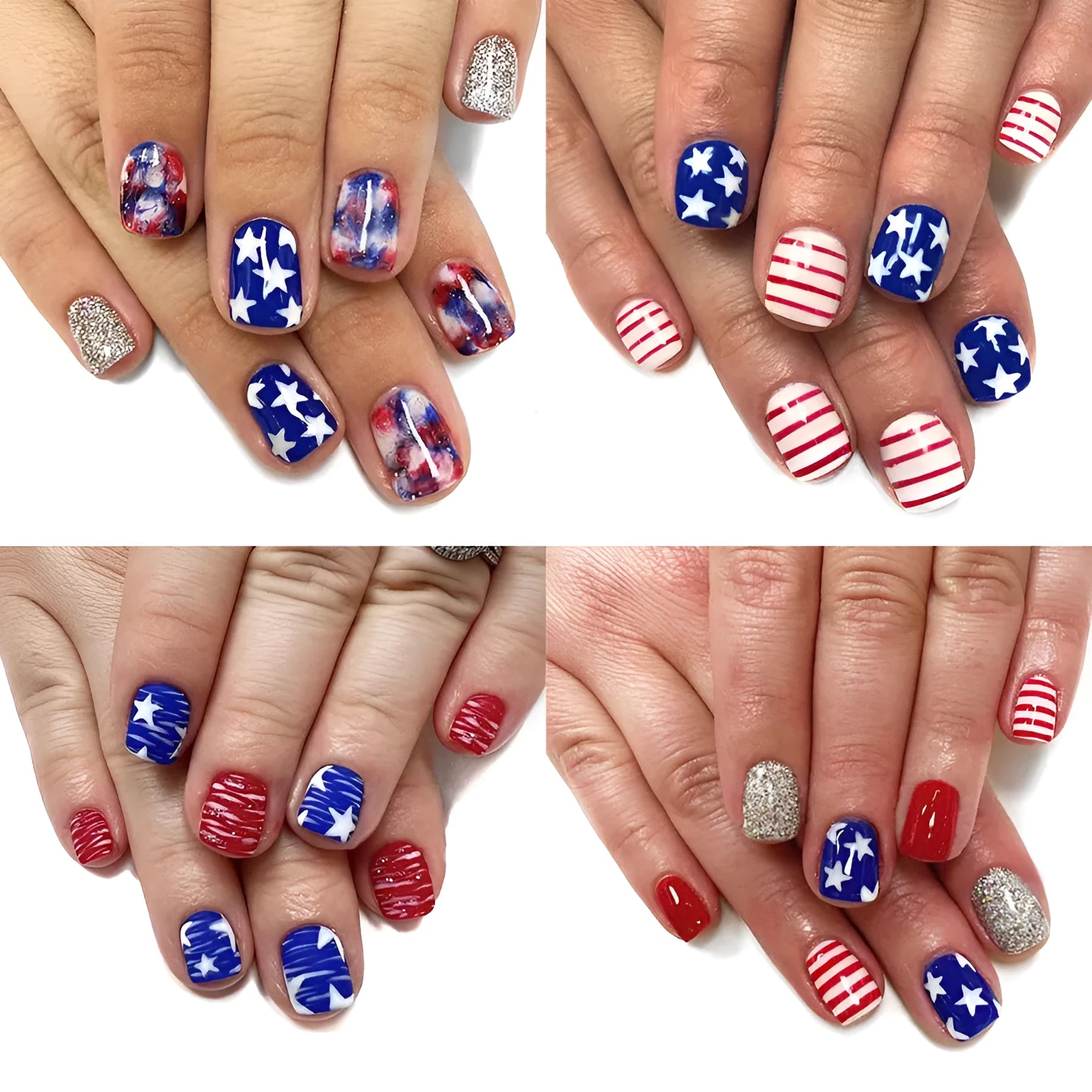 Box of red and blue glitter press-on nail tips with short square shape for Independence Day