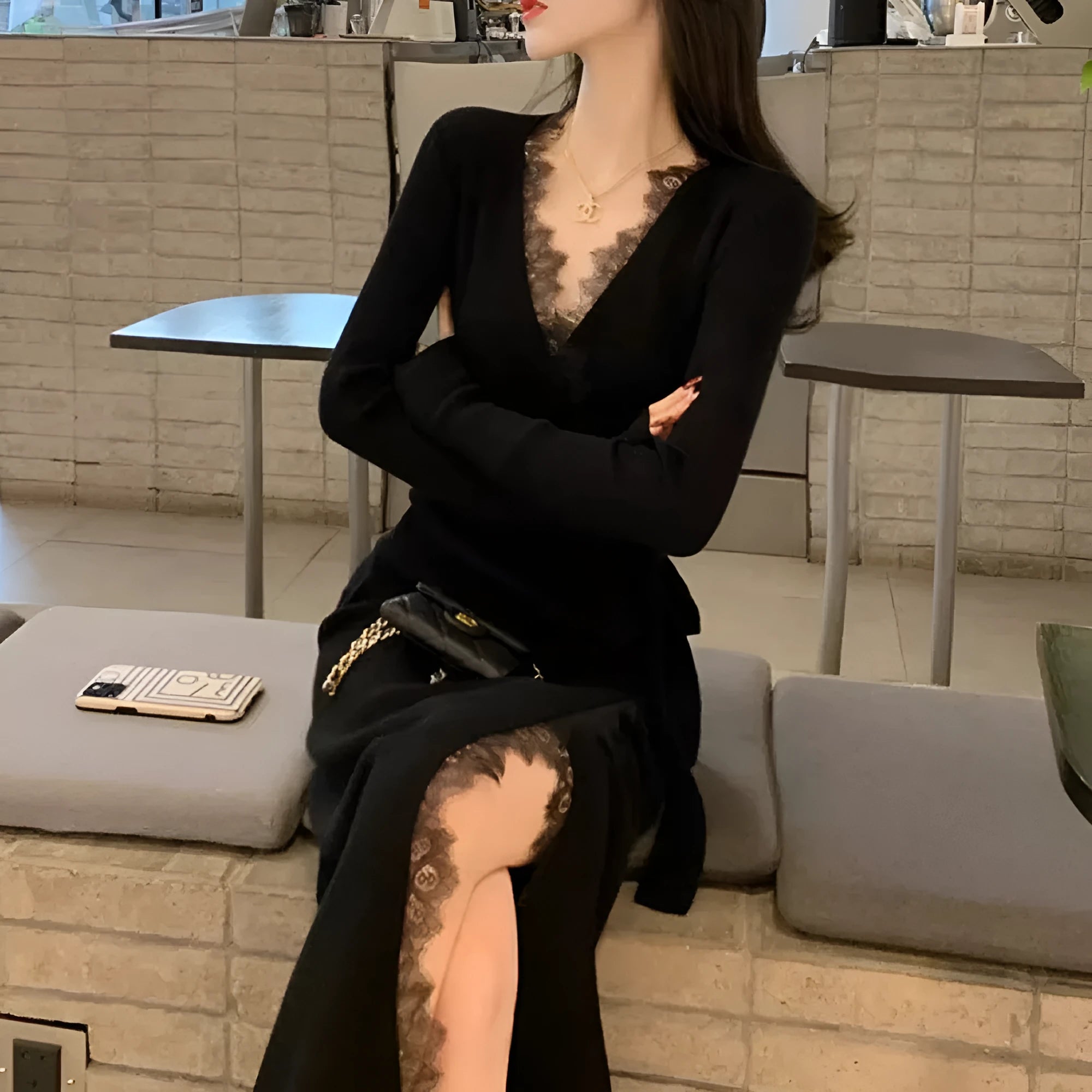 Women's solid black slim fit wool skirt with princess dress styling and free size fitting
