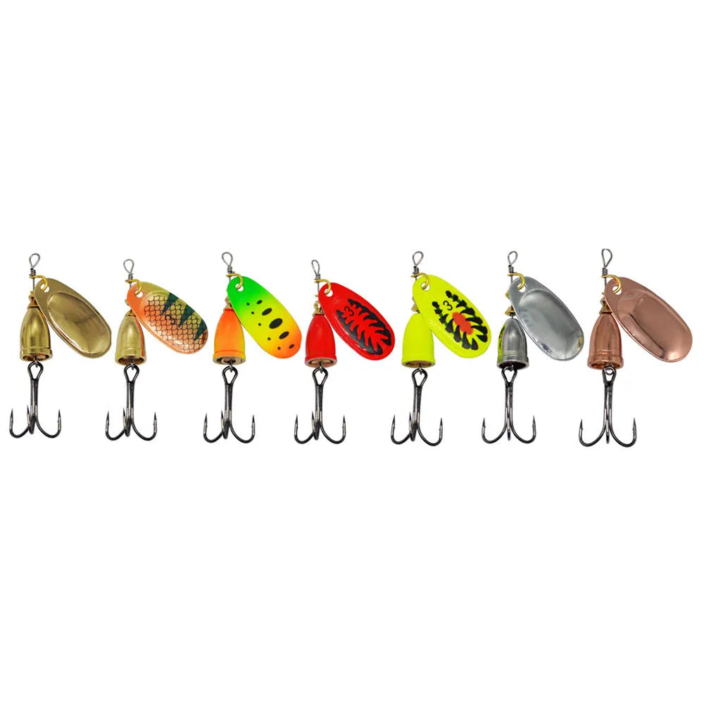 Composite fishing lure with rotating sequins and copper bell in multiple colour options