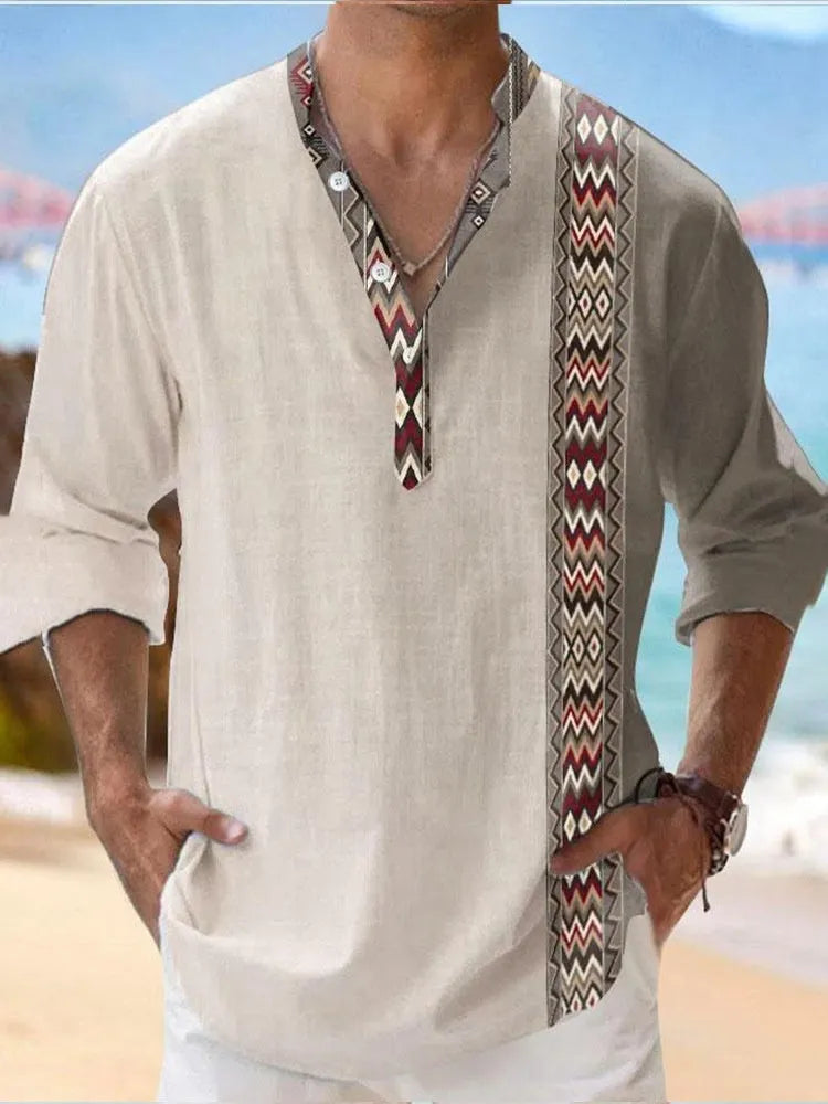 Thin striped Hawaiian long sleeve shirt in polyester fabric on hanger