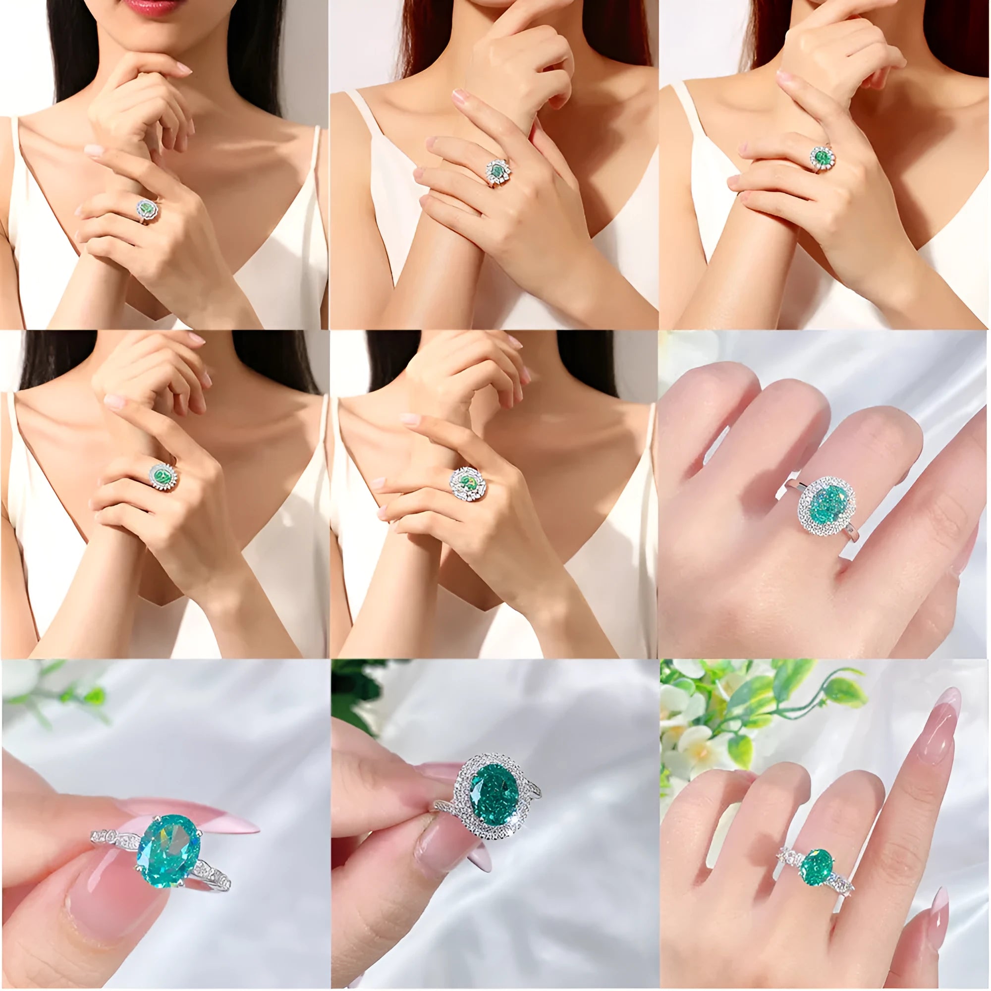 S925 sterling silver emerald ring with inlaid high carbon diamonds in a geometric Palaibahao design on a model's finger.