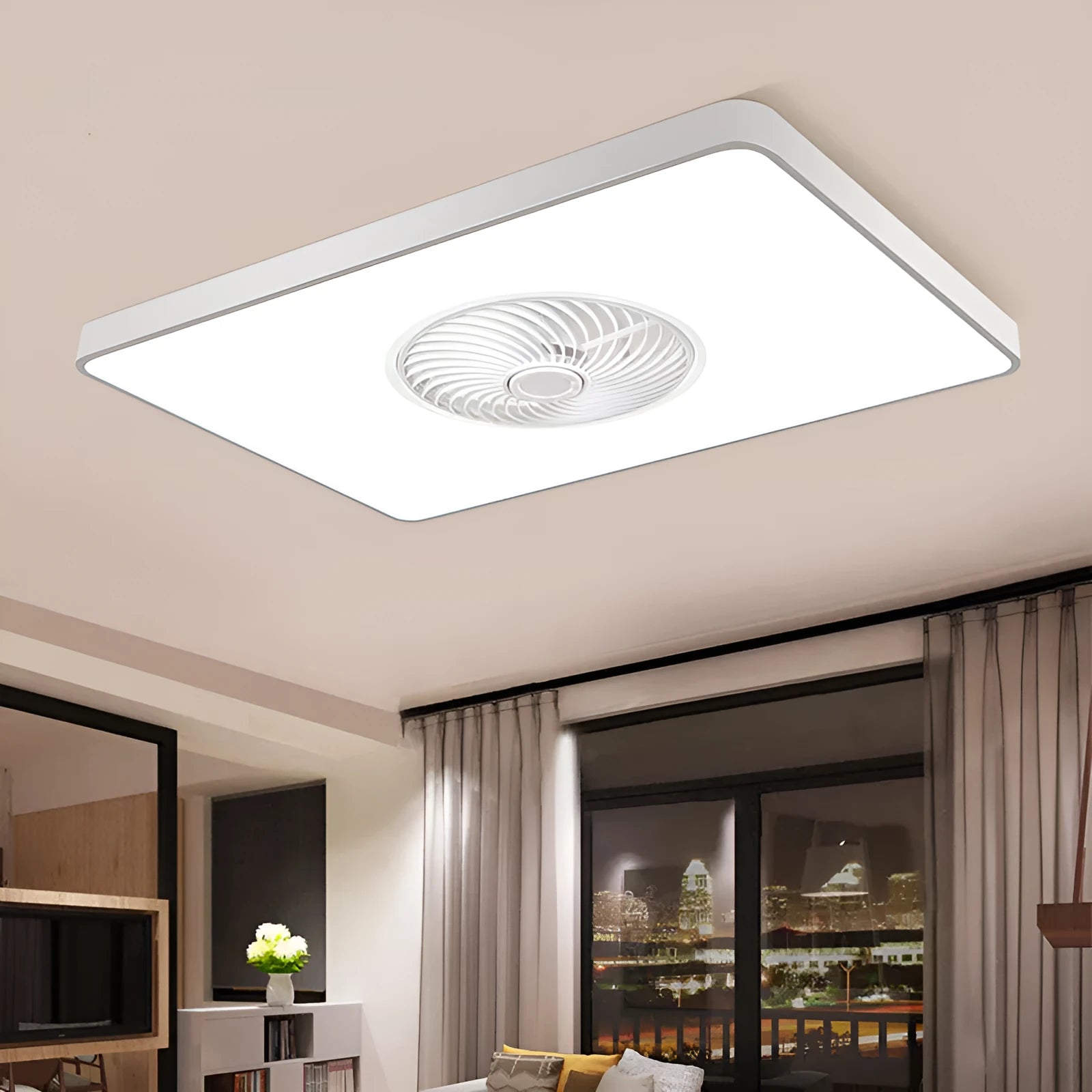 Nordic ceiling fan and light combination fixture with solid wood base in rectangular, round, or square options