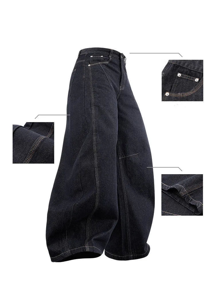 Men's wide leg denim trousers in original cow colour showing mid-waist design and relaxed fit
