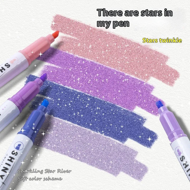 Four glitter highlighter pens with slanted 4mm tips in assorted fluorescent colours